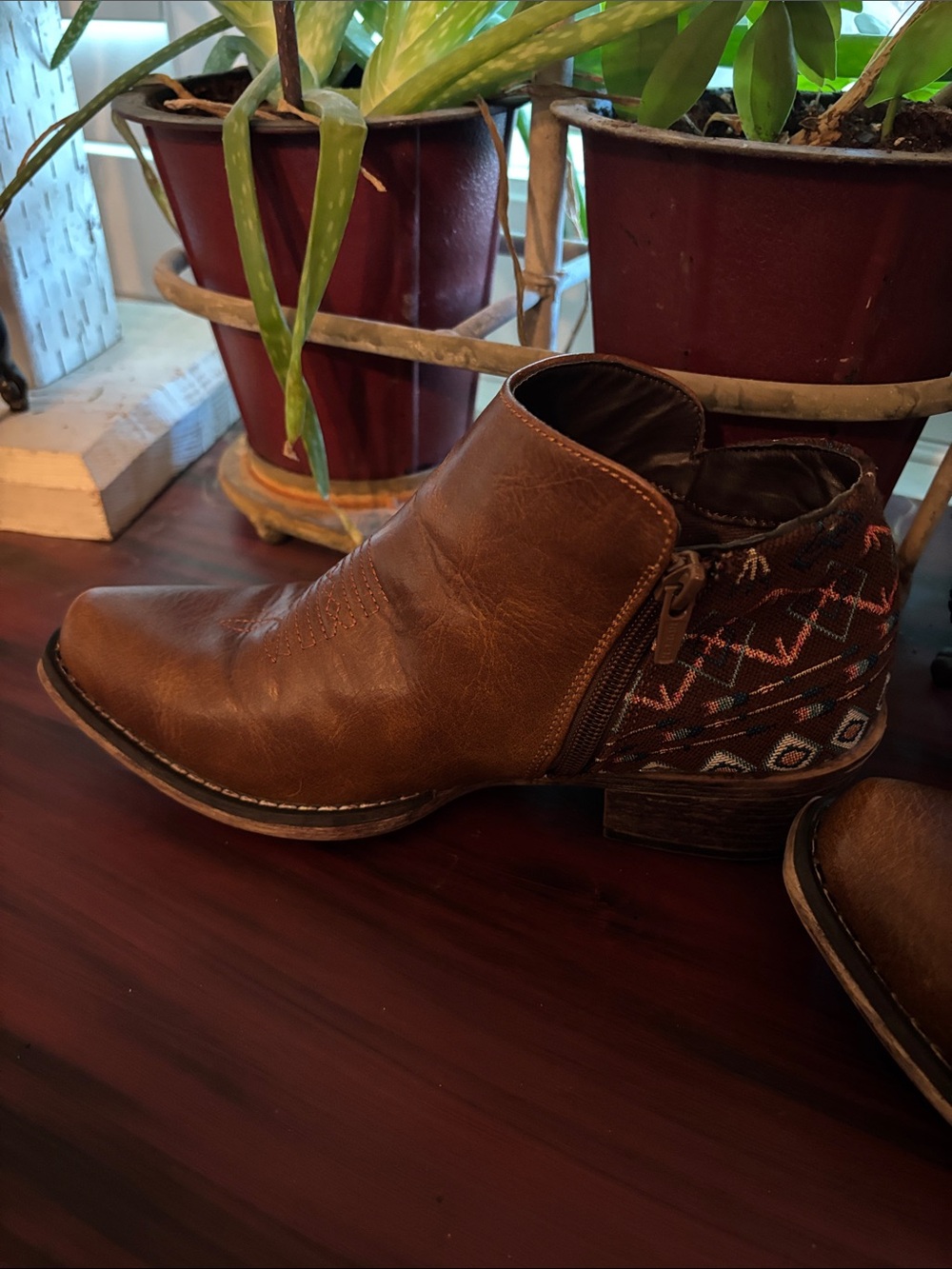 Roper Tan Leather Ankle Booties with Patterned Heel - Picture 4 of 9